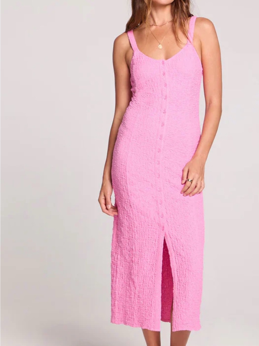 Saltwater Luxe Pink Textured Button-Front Midi Dress